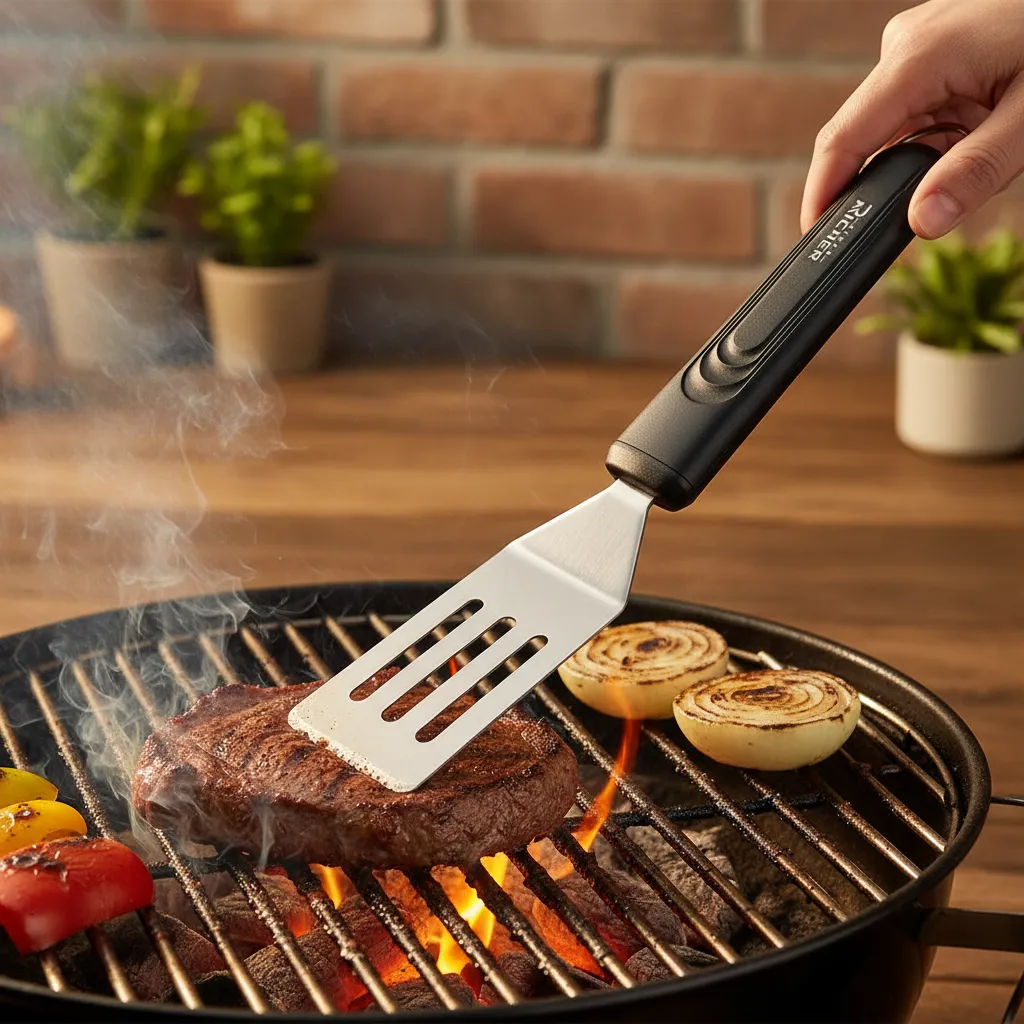 Espatula De Cocina Ranurada Acero Inox Mango Negro-0