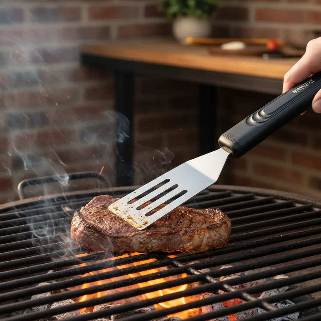 Espatula De Cocina Ranurada Acero Inox Mango Negro-2