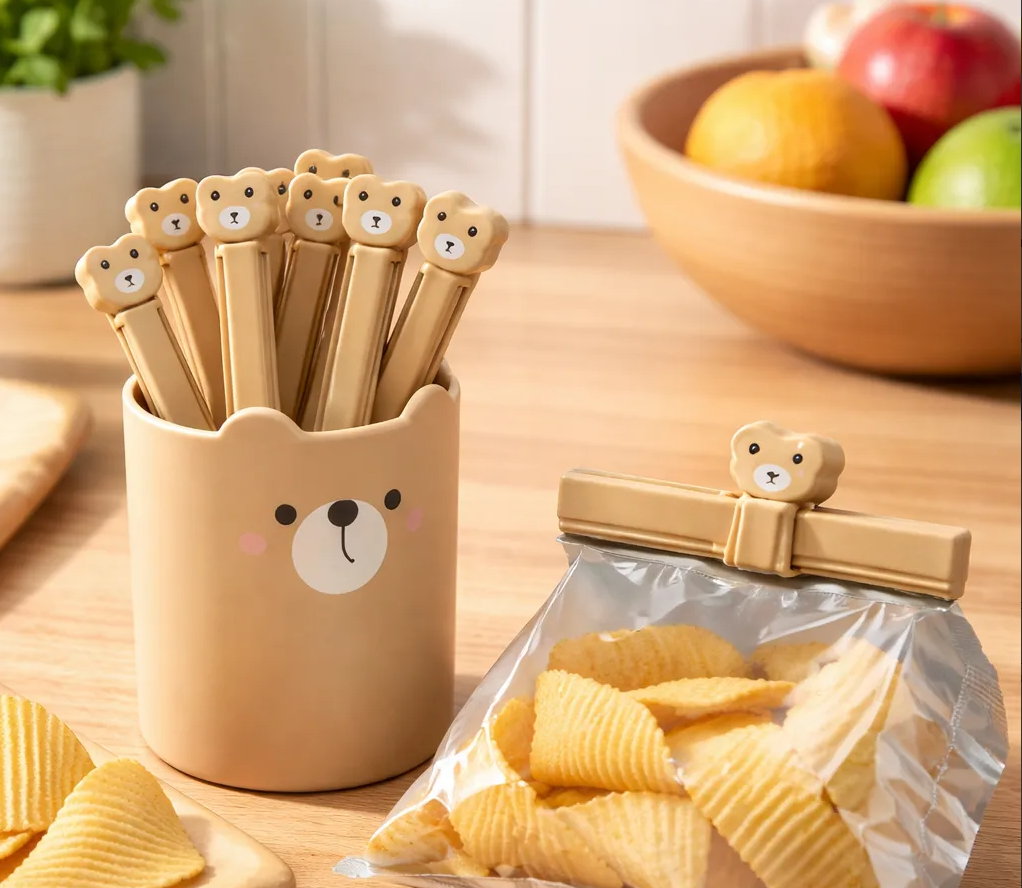 Set De Pinzas Para Sellar Bolsas Con Vaso De Oso Kawaii-2