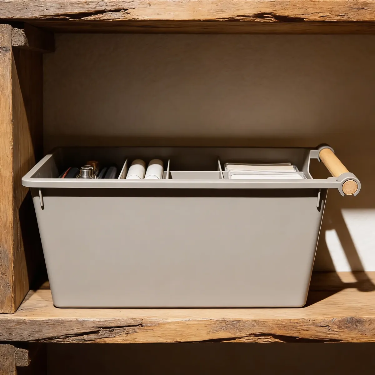 Caja Organizadora Plastica Con Asas De Madera 33x18x14cm-1
