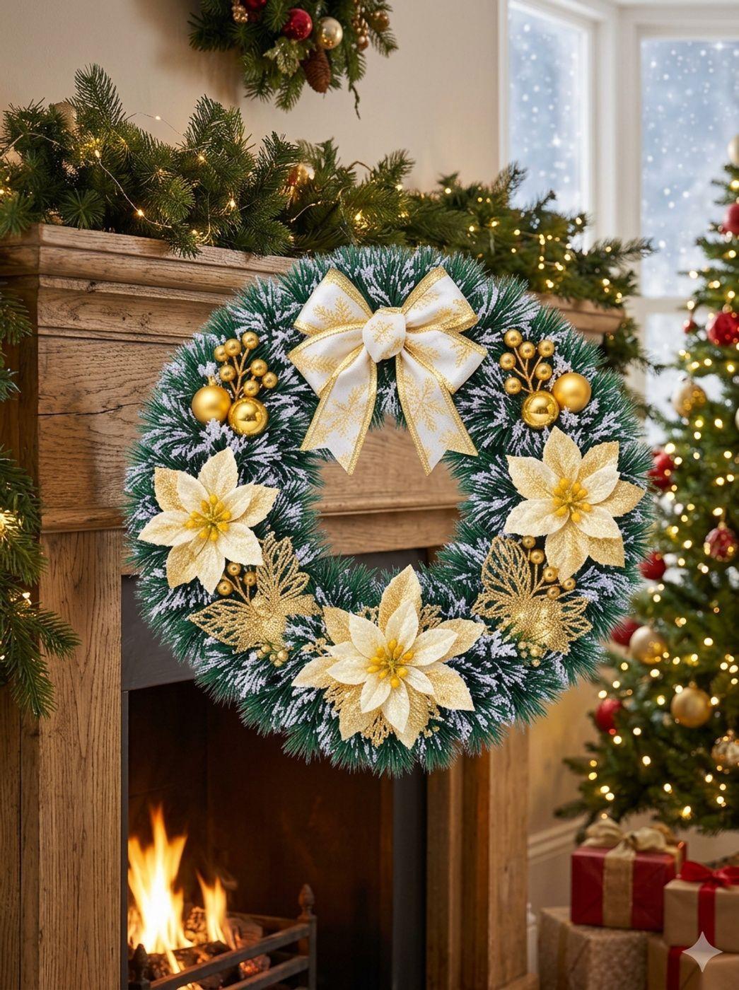 Adorno Corona Navidad Con Flores y Destellos Dorados 40cm-2