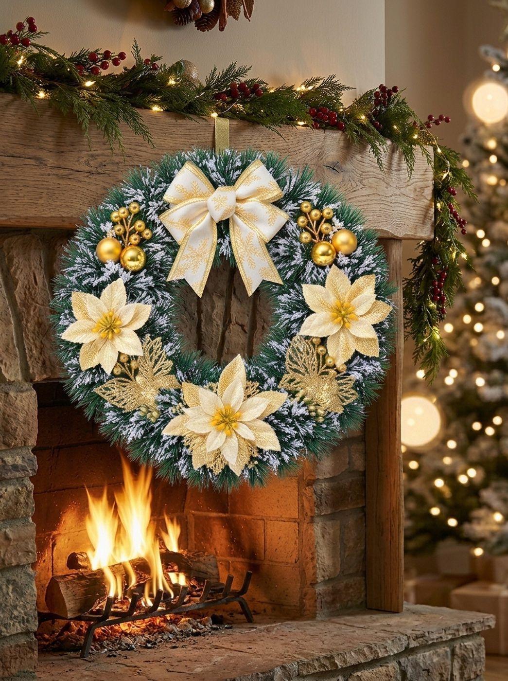 Adorno Corona Navidad Con Flores y Destellos Dorados 40cm-3