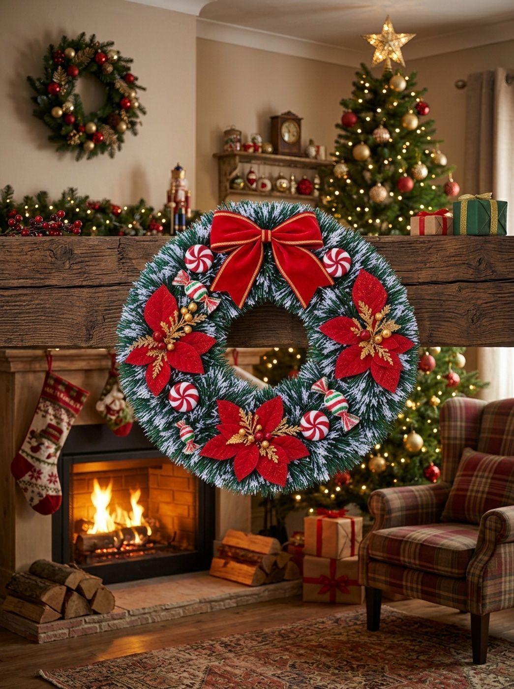 Adorno Corona de Navidad con Dulces y Flores rojas 40cm-2