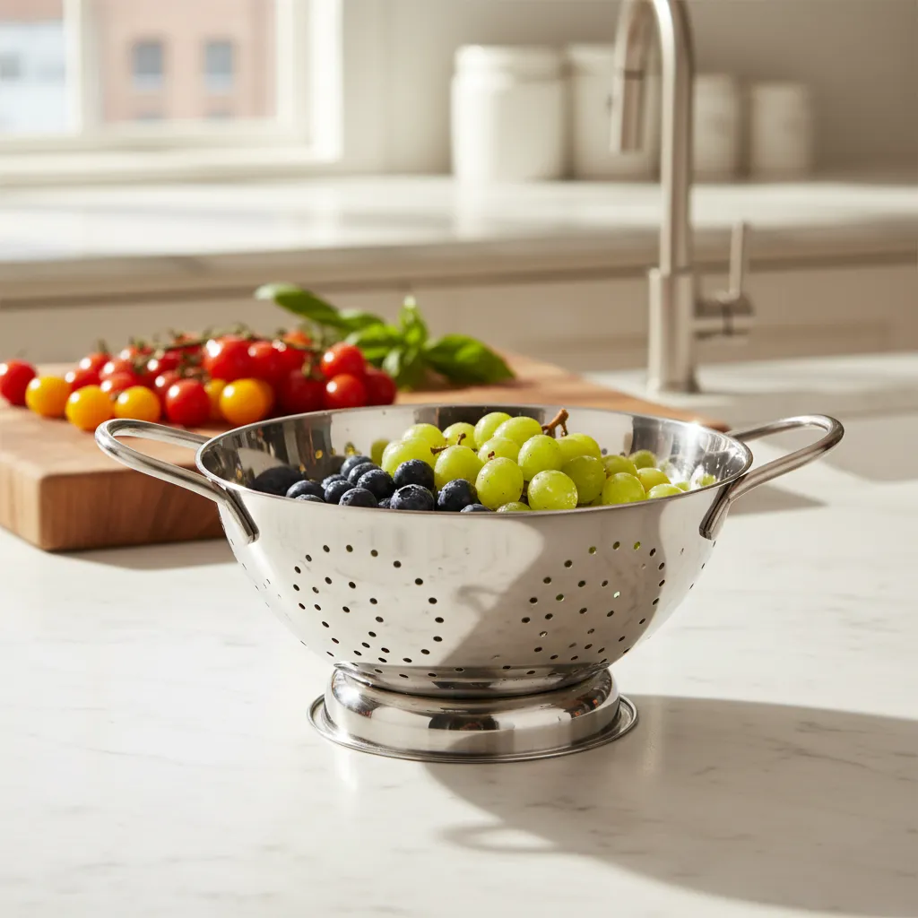 Colador Acero Inoxidable 28cm Con Base Y Asas Cuiner-2