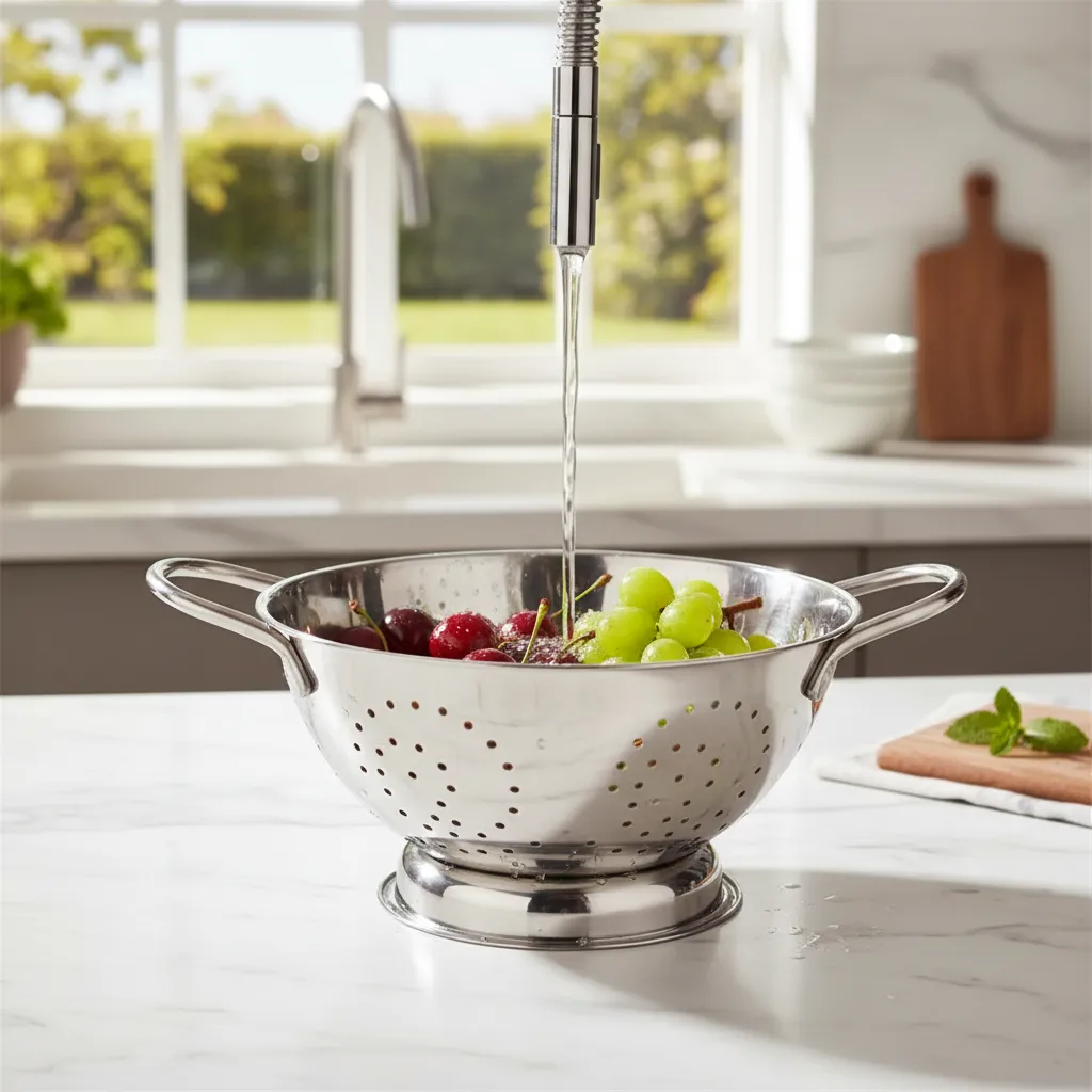 Colador Acero Inoxidable 28cm Con Base Y Asas Cuiner-3