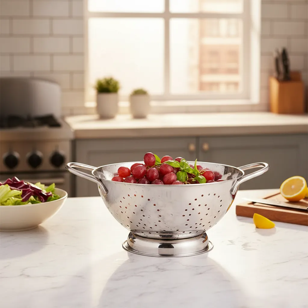 Colador Acero Inoxidable 28cm Con Base Y Asas Cuiner-4