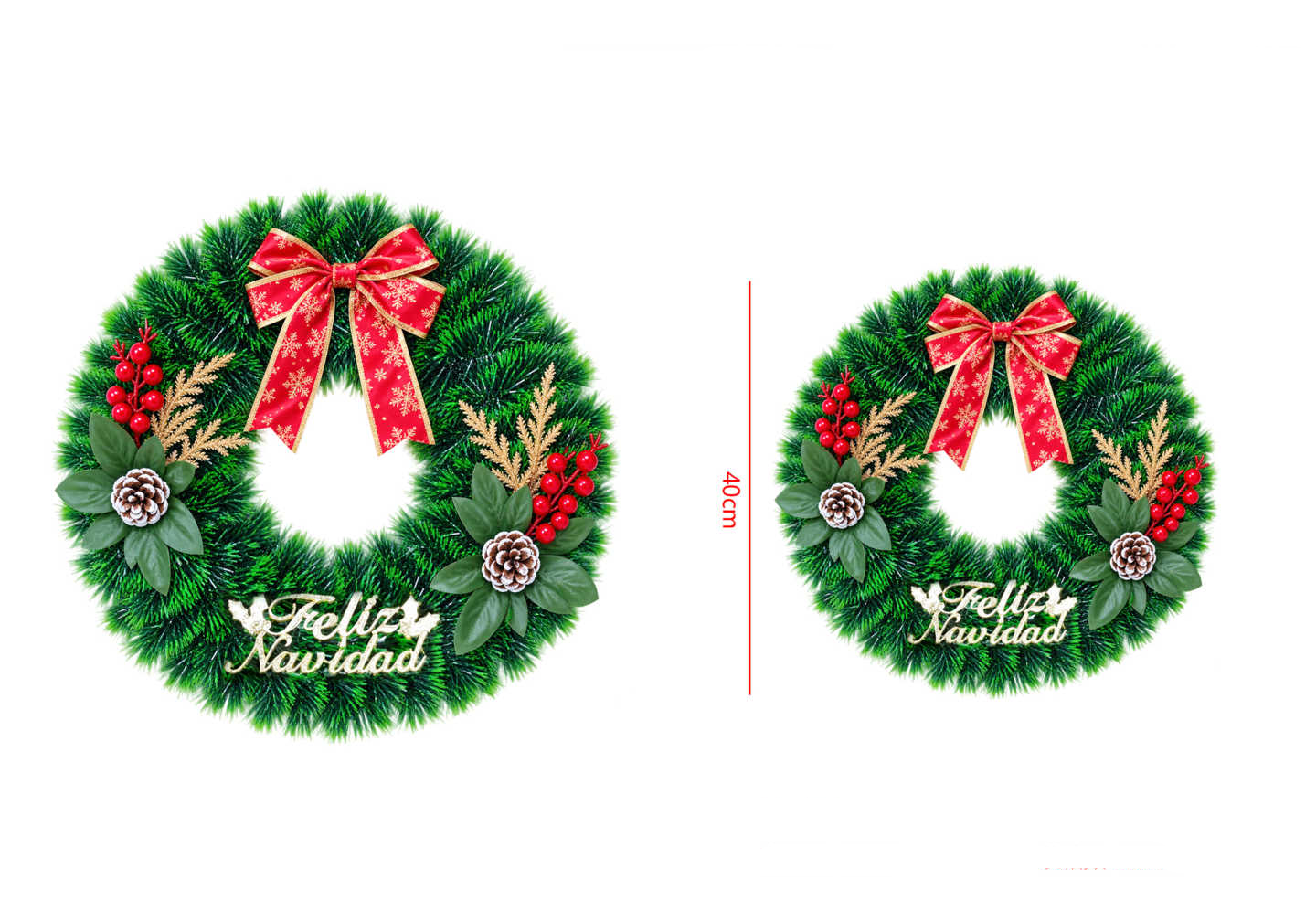 Adorno de Navidad Corona 40 cm Con Lazo y Feliz Navidad-2