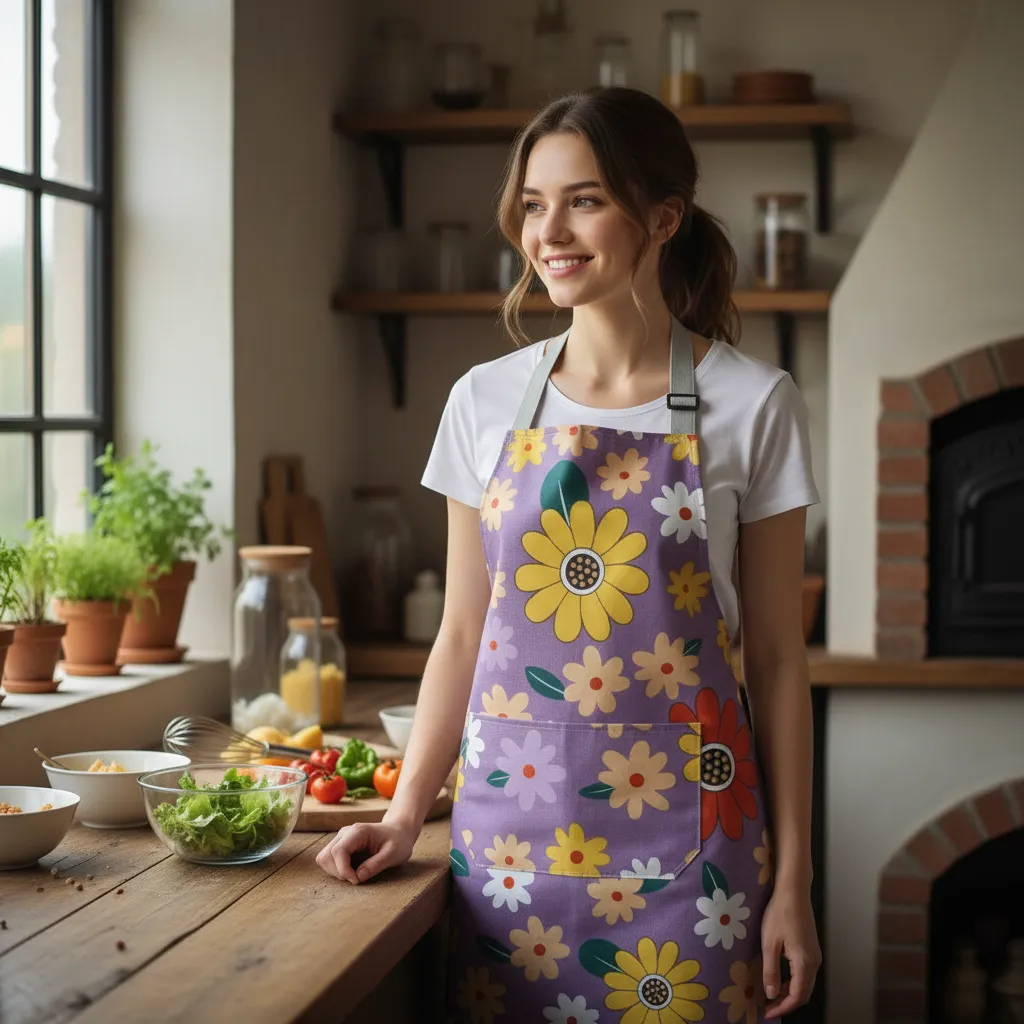 Delantal Mandil De Cocina Flores Con Bolsillo 72x68 Cm-2