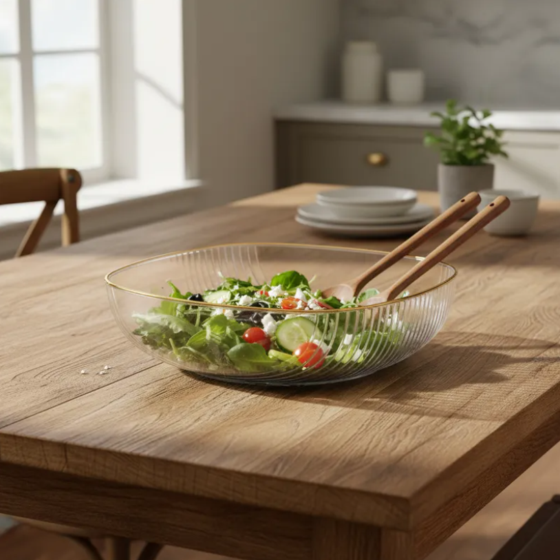 Fuente Ensaladera Pl stico Acanalado Borde Dorado-2