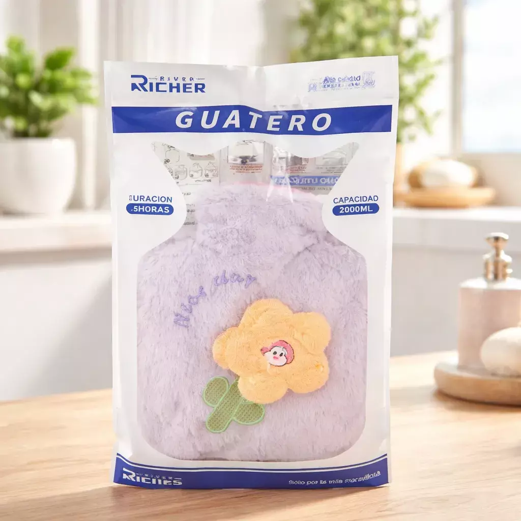 Guatero De Agua Caliente Con Funda Felpa De Flor 2000ml-1