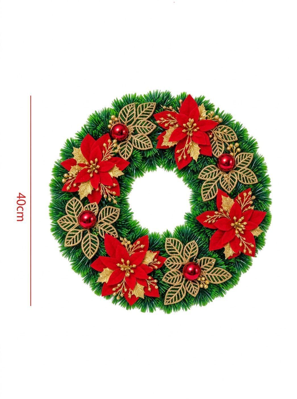 Corona Navidad Decorativa 40cm con flores Rojas con Dorado-1