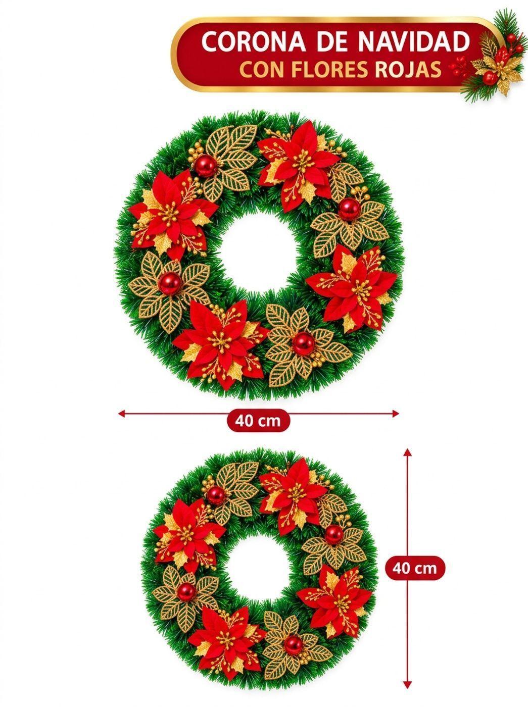 Corona Navidad Decorativa 40cm con flores Rojas con Dorado-2