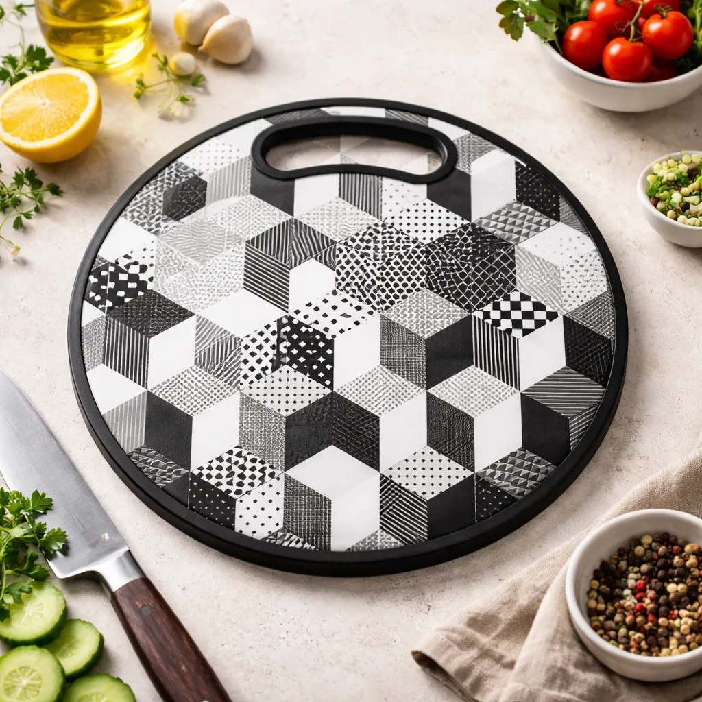 Tabla De Picar Plastica Redonda 30cm Estampado Geometrico-2
