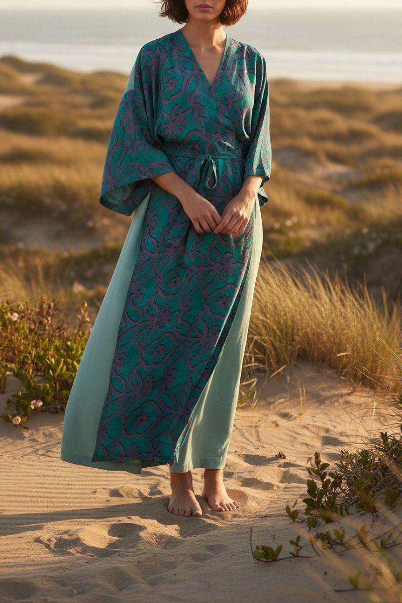Kimono Vestido Manantial Seda-Tencel Turquesa-5
