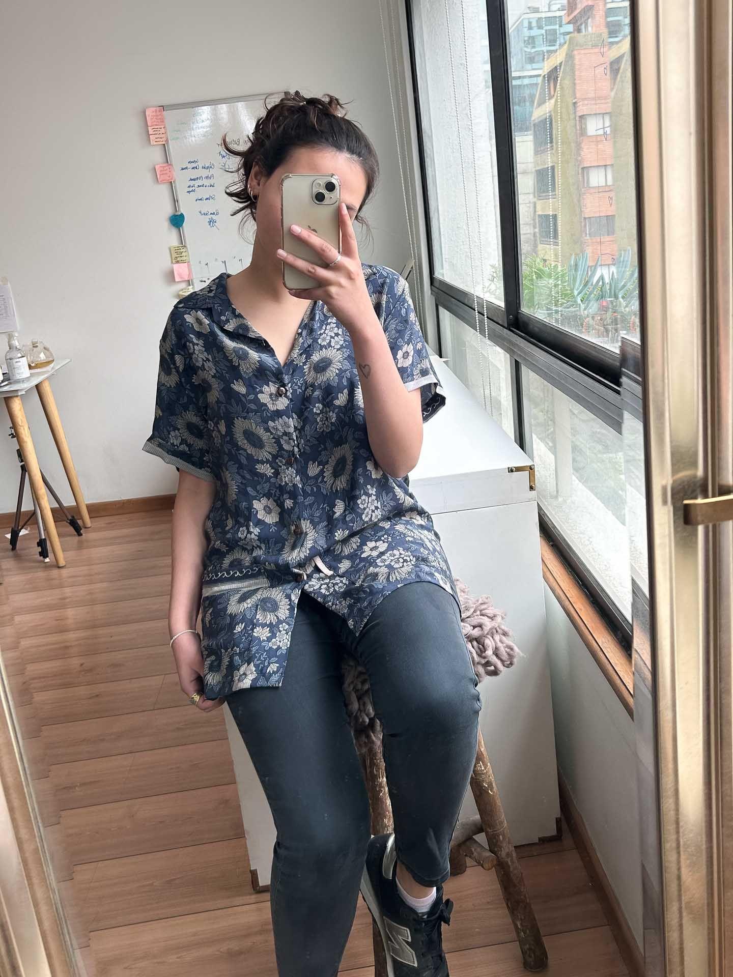Camisa para Dos Seda Azul-3