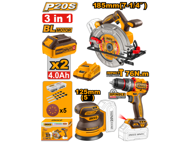 Kit Ingco P20S Brushless 3en1 Taladro + Sierra + Lijadora-5