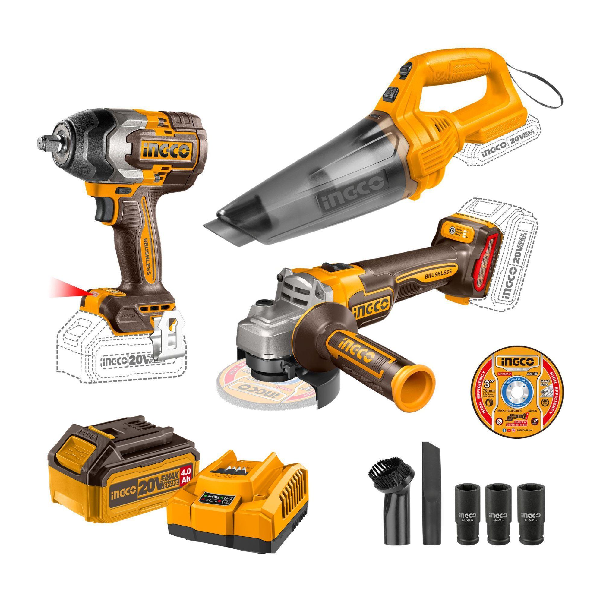 Set Llave Imp Bl+Esmeril Bl+Aspiradora +2Bat 5Ah Y Carg 20V-0