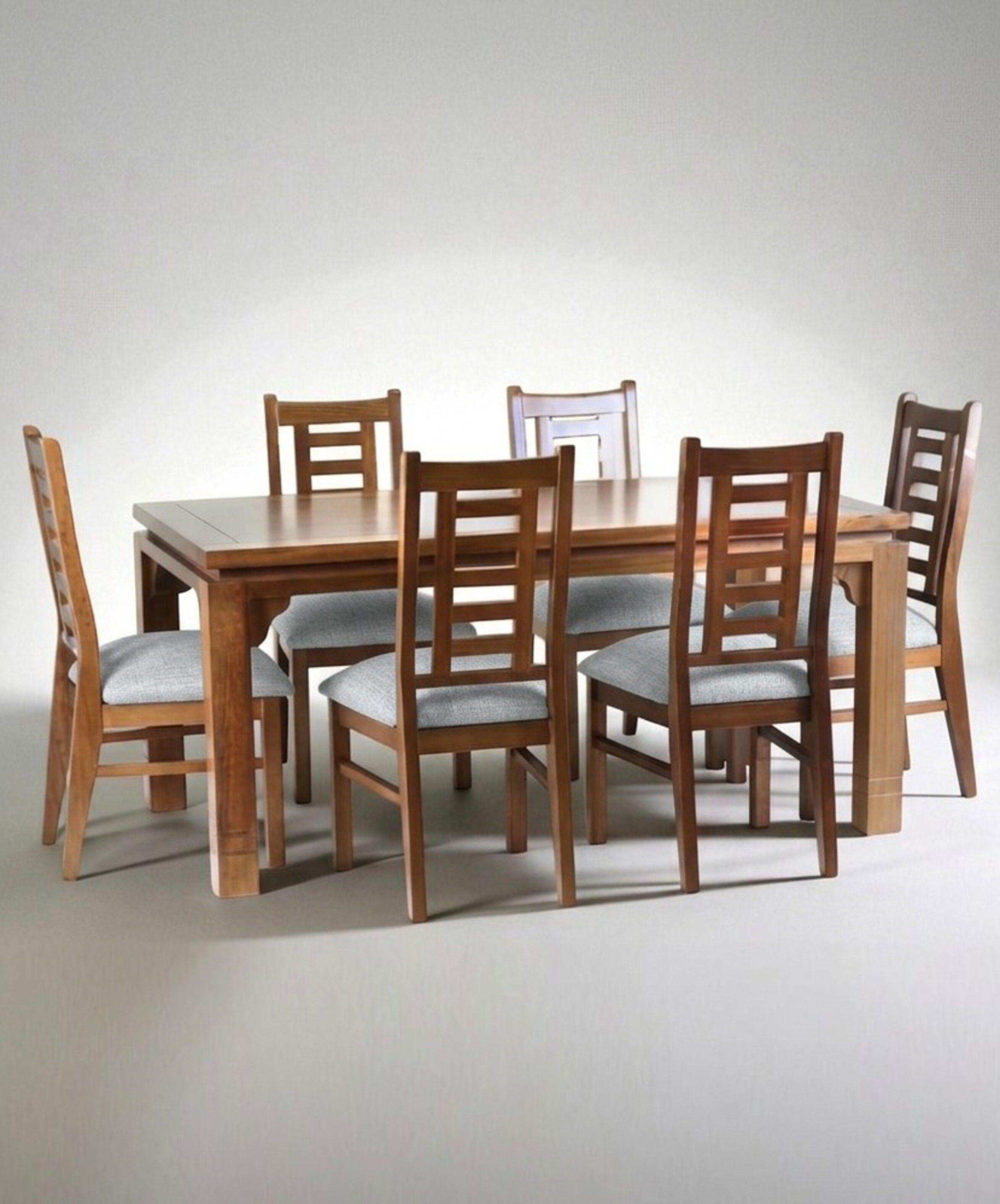 Comedor Branson 6 Sillas Madera Pino Color Miel Tapiz Celeste-0