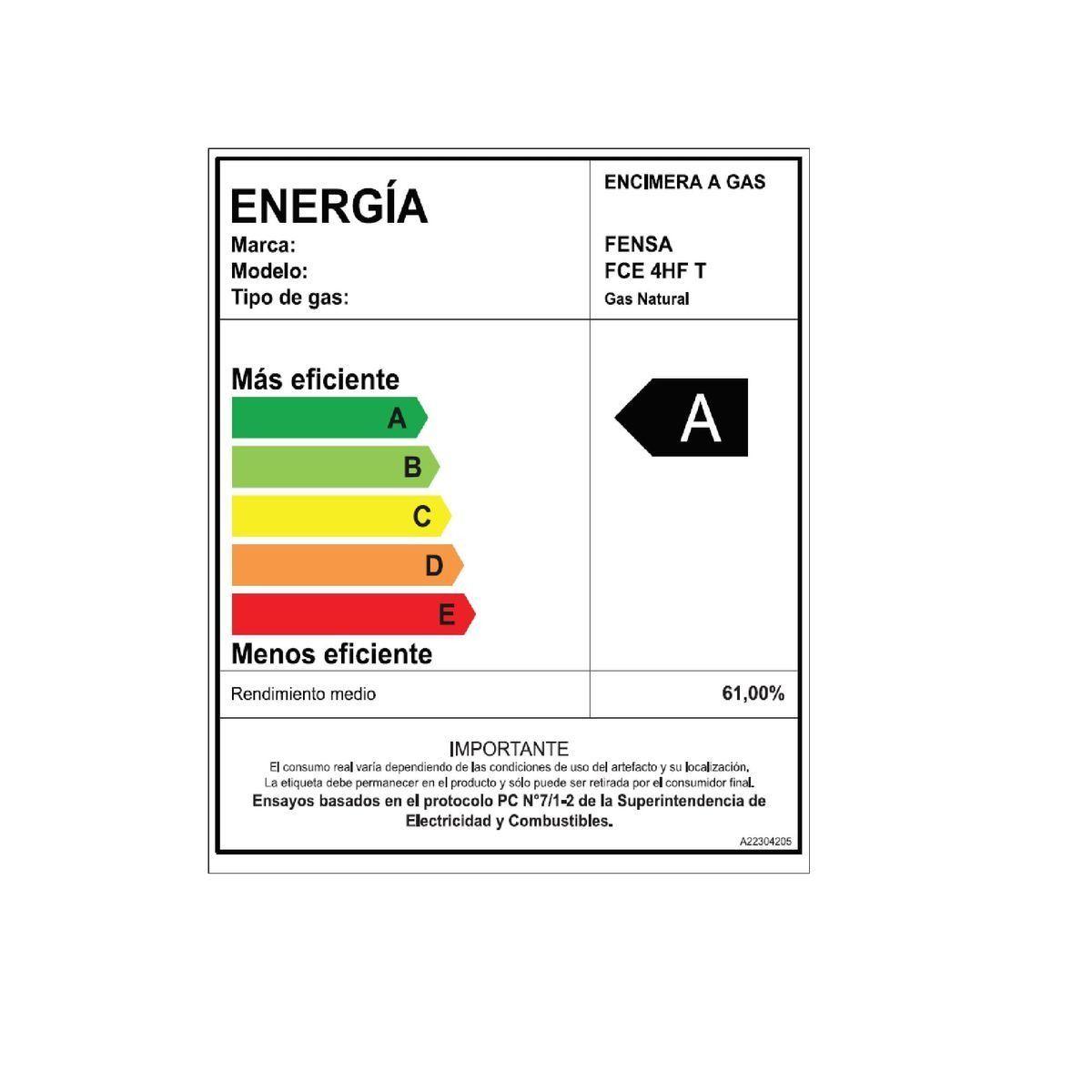 Encimera A Gas 4 Platos Fensa Encendido Eléctrico Fce 4hf T-6