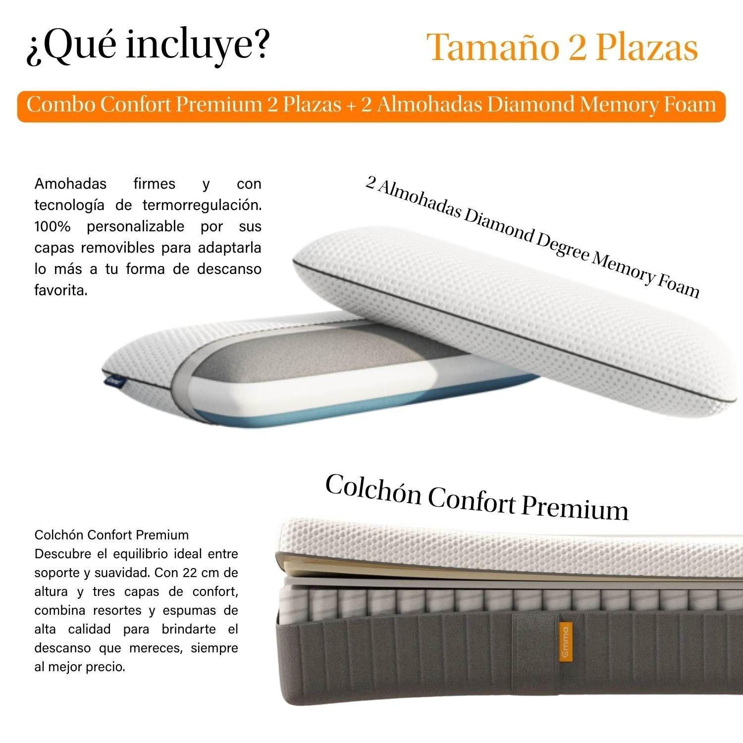 Combo Confort Premium  2 Plazas + 2 Almohadas Diamond Memory Foam-1