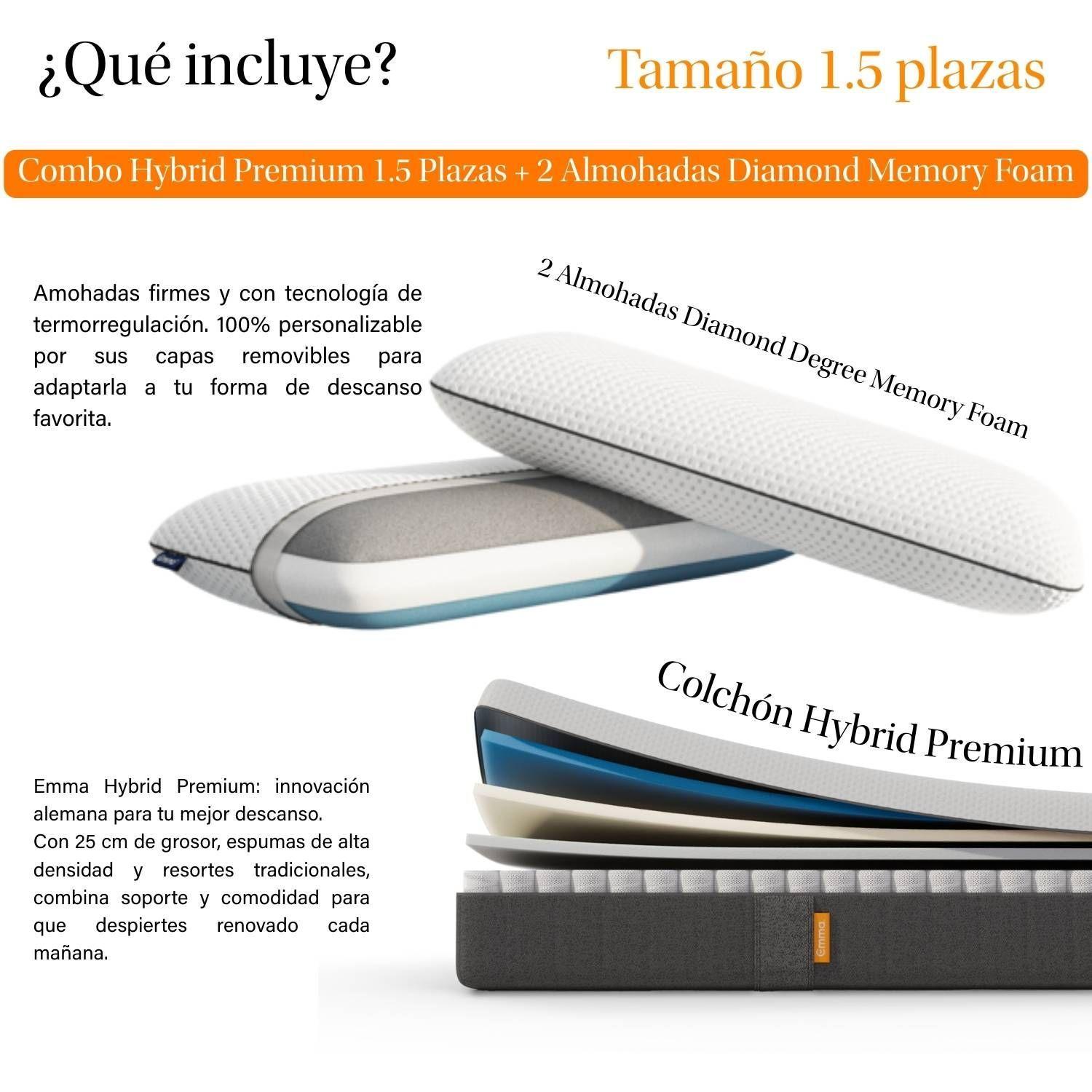 Combo Hybrid Premium 1.5 Plaza + 2 Almohadas Diamond Memory Foam-1