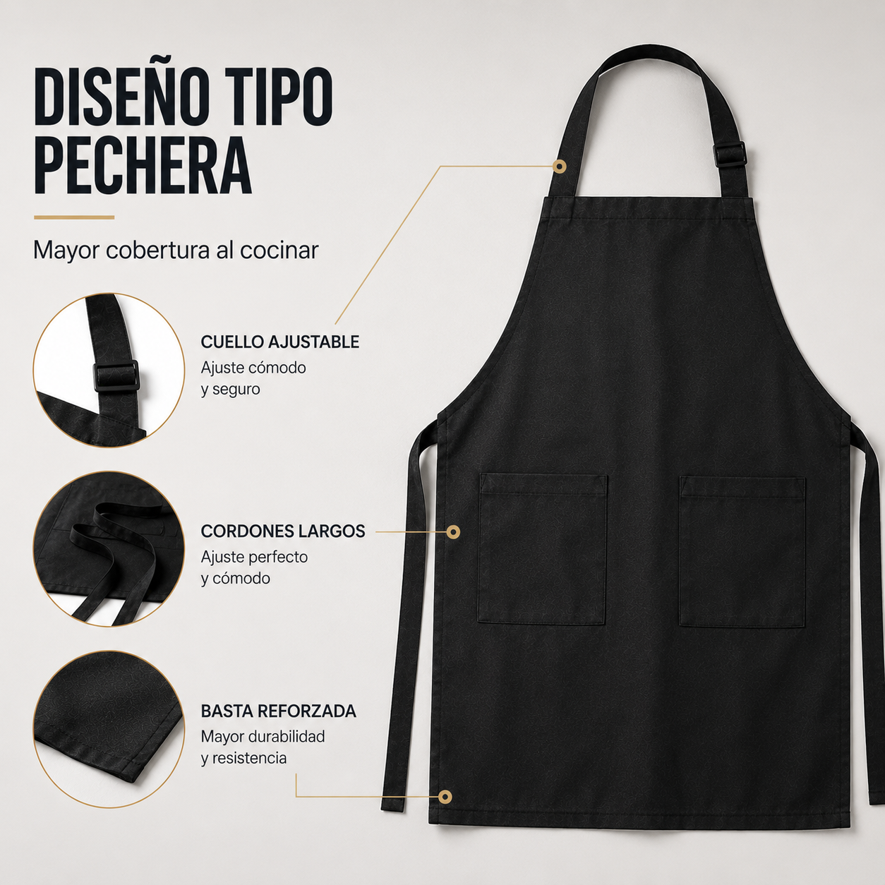 Delantal De Cocina Pechera Mandil Negro Antigrasa Antimanchas Ajustable 80x70cm-2