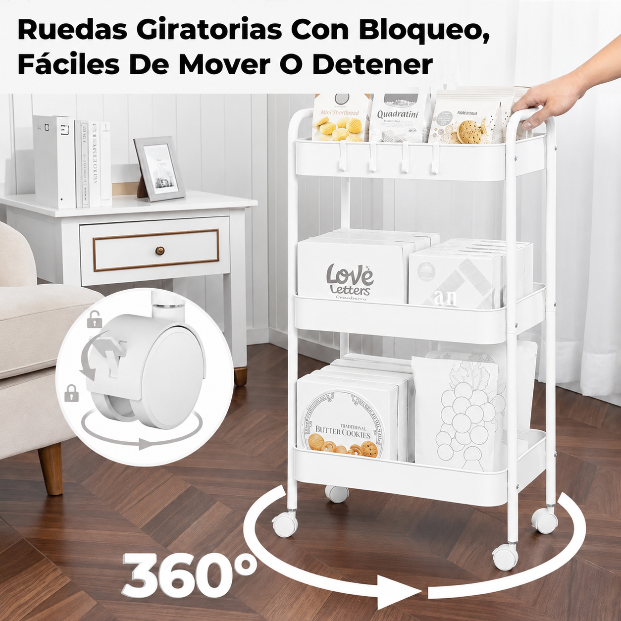 Carrito Organizador Metal 3 Niveles Ruedas Bloqueables Blanco-2