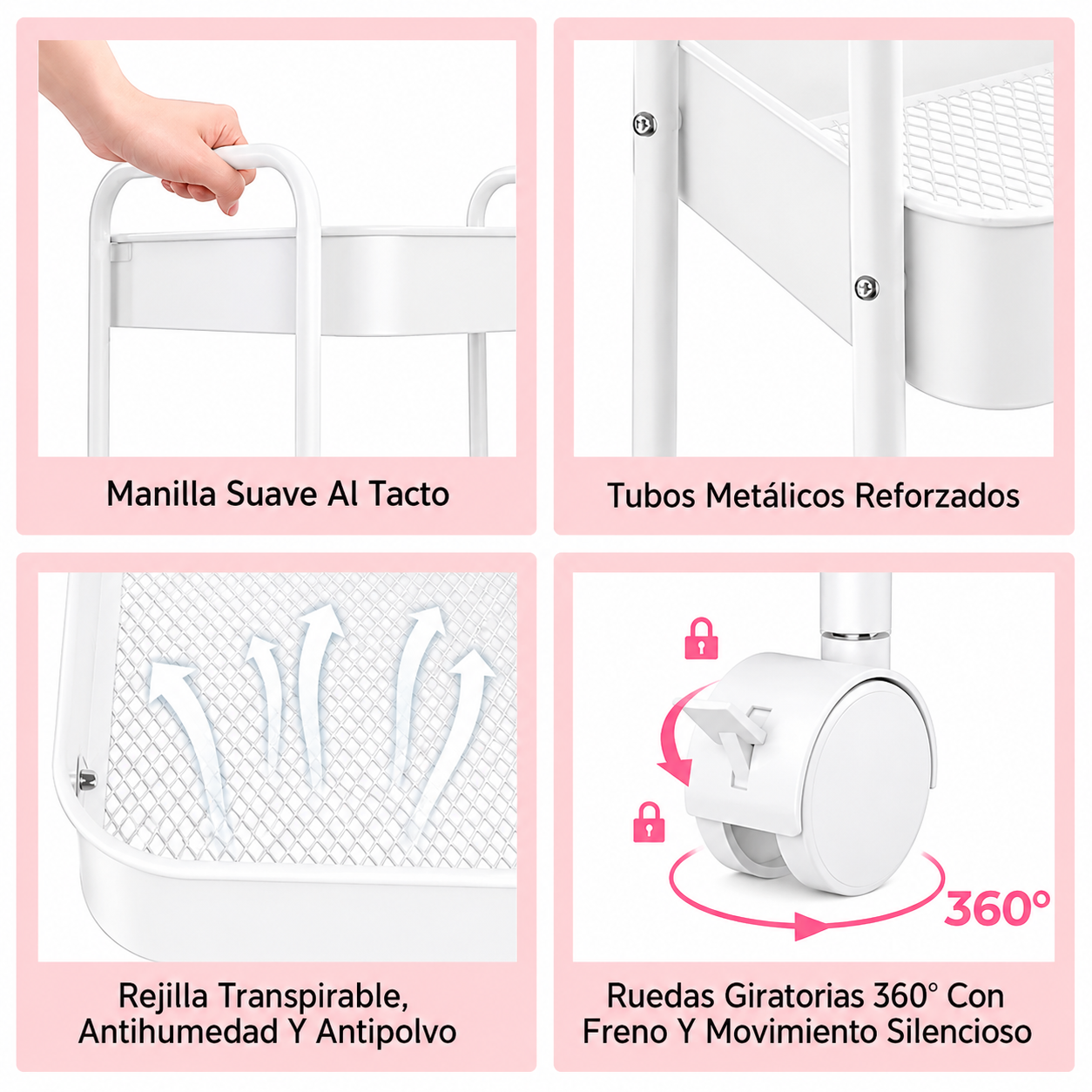 Carrito Organizador Metal 3 Niveles Ruedas Bloqueables Blanco-4