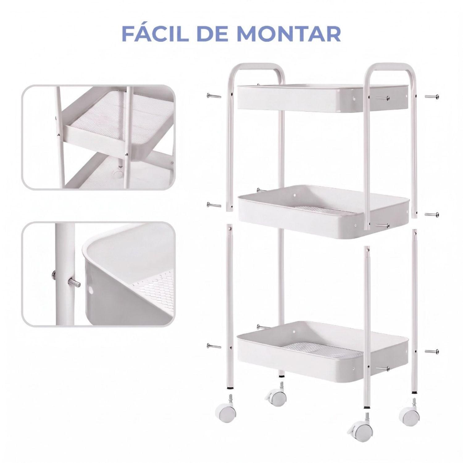 Carrito Organizador Metal 3 Niveles Ruedas Bloqueables Blanco-5