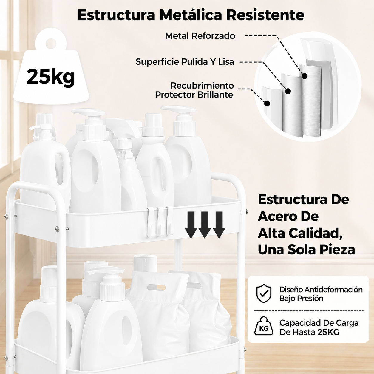 Carrito Organizador Metal 3 Niveles Ruedas Bloqueables Blanco-6