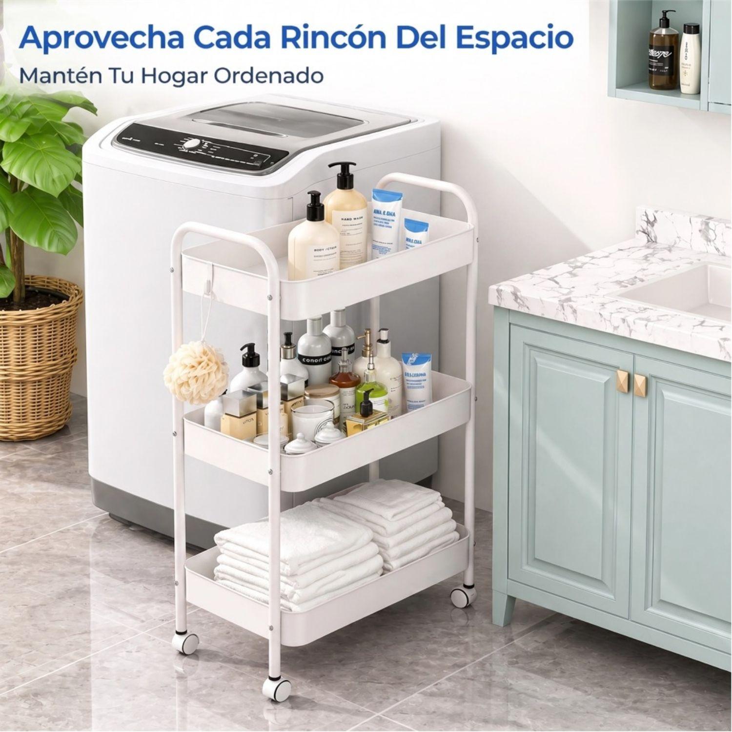 Carrito Organizador Metal 3 Niveles Ruedas Bloqueables Blanco-7