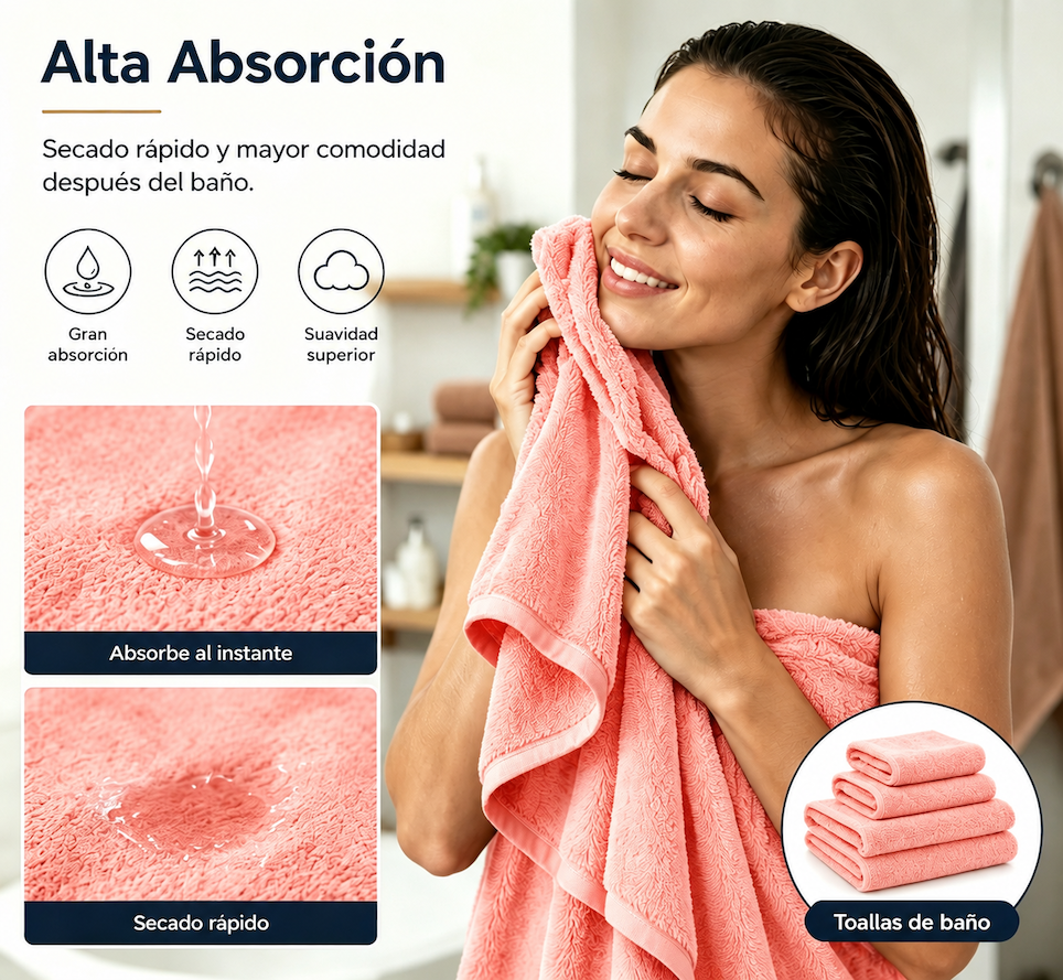 Juego de Toallas Ba o 3 Piezas Algod n Extra Grande 80x150cm Suave y Absorbente Coral-5