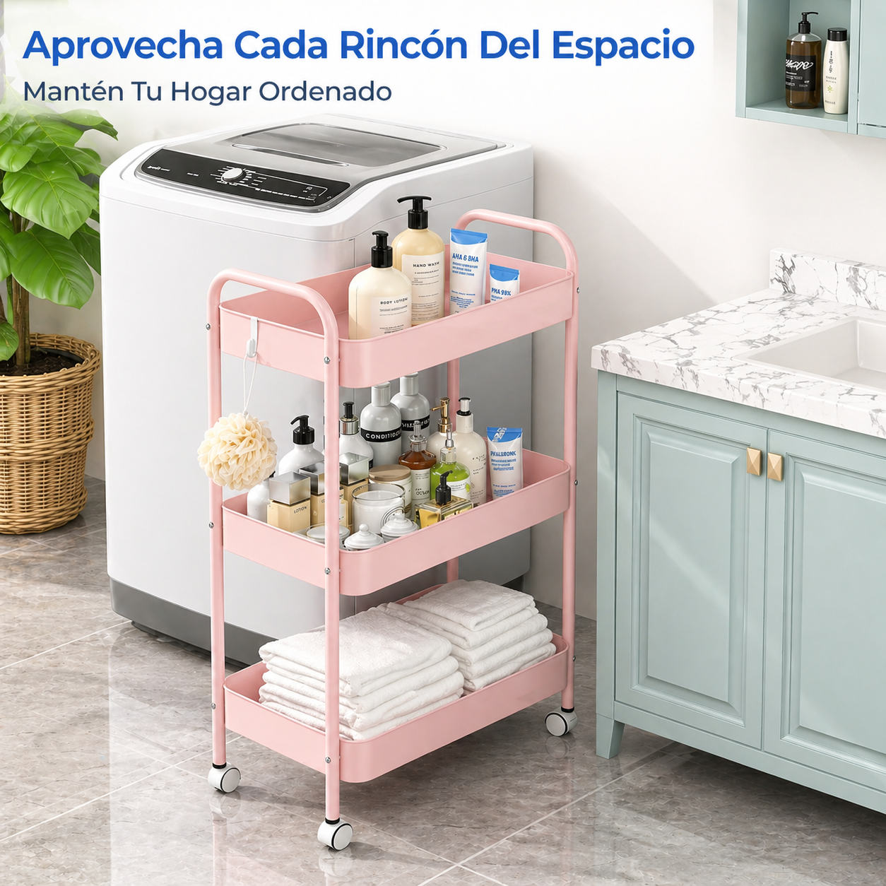 Carrito Organizador Almacenamiento 3 Niveles Ruedas Bloqueables Multiuso Rosa-2