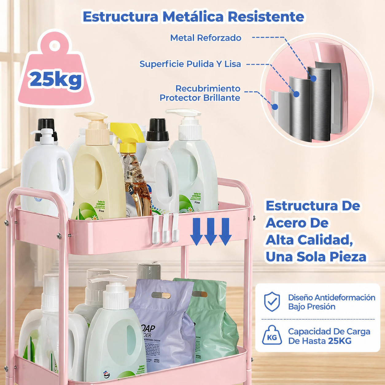 Carrito Organizador Almacenamiento 3 Niveles Ruedas Bloqueables Multiuso Rosa-3