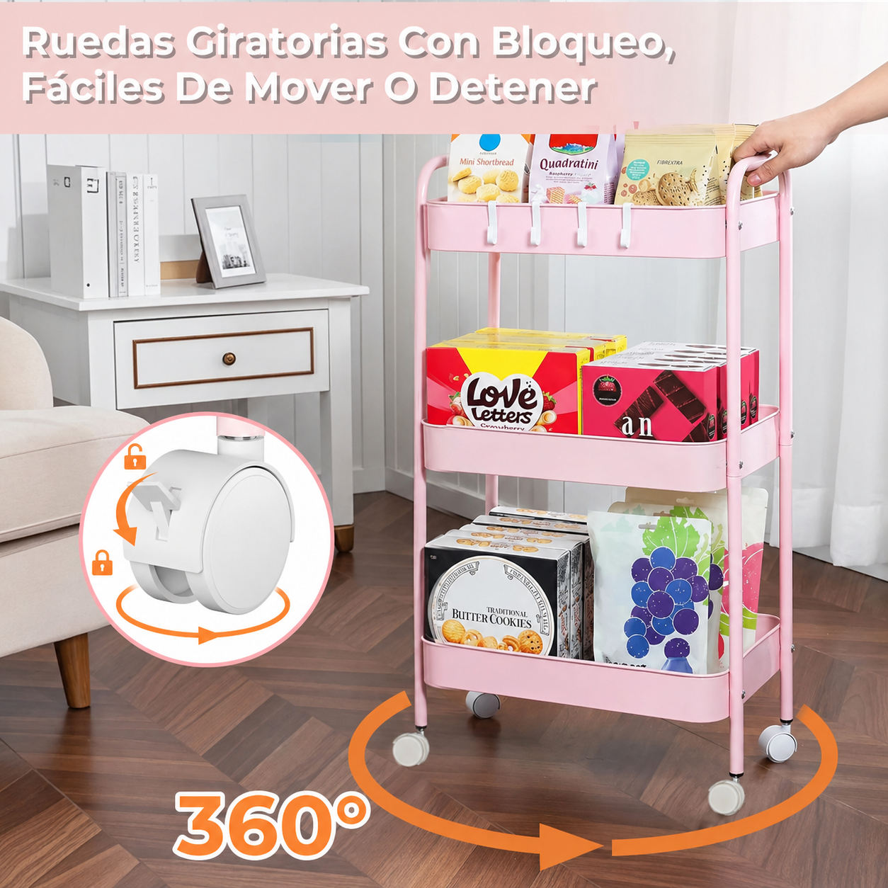 Carrito Organizador Almacenamiento 3 Niveles Ruedas Bloqueables Multiuso Rosa-4