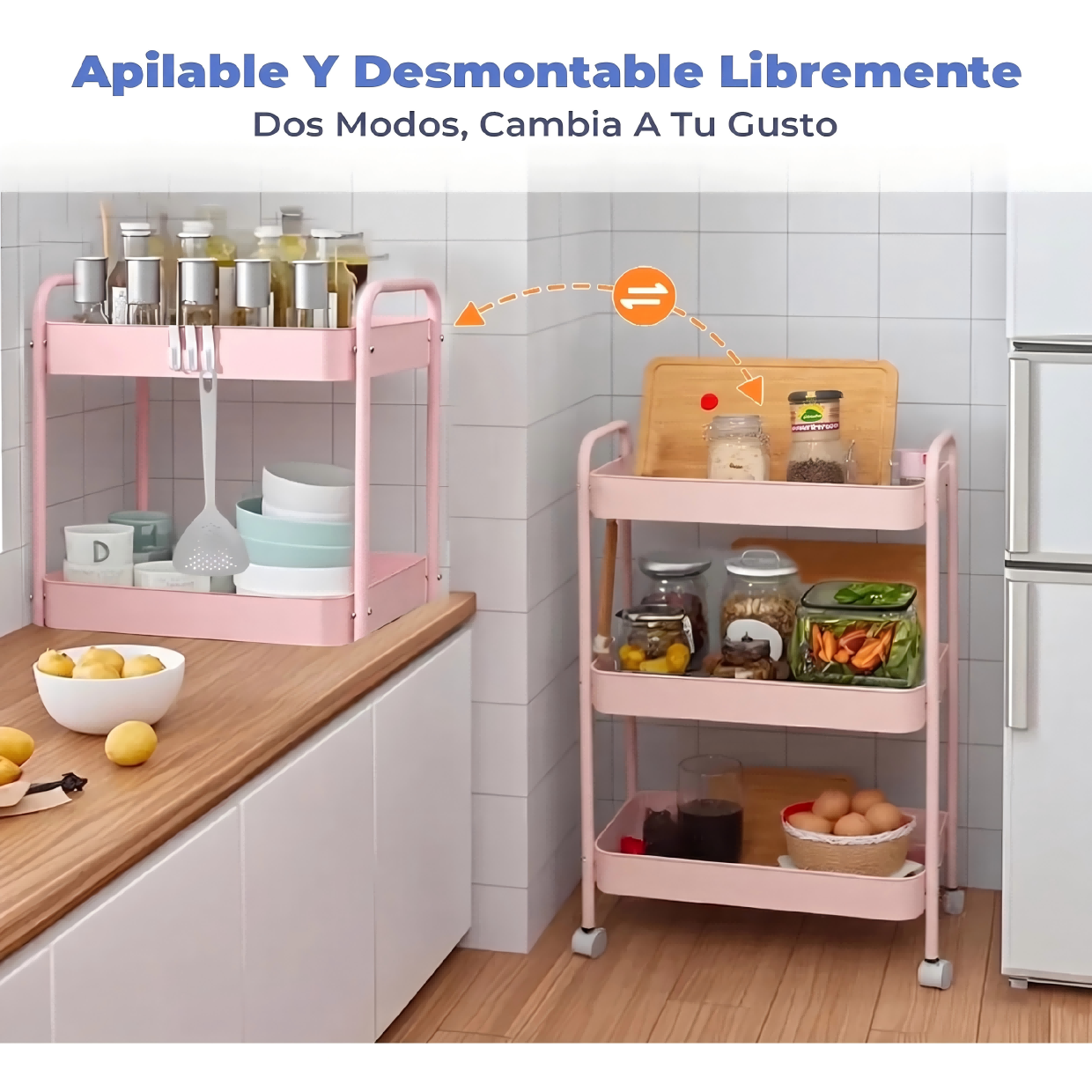 Carrito Organizador Almacenamiento 3 Niveles Ruedas Bloqueables Multiuso Rosa-5