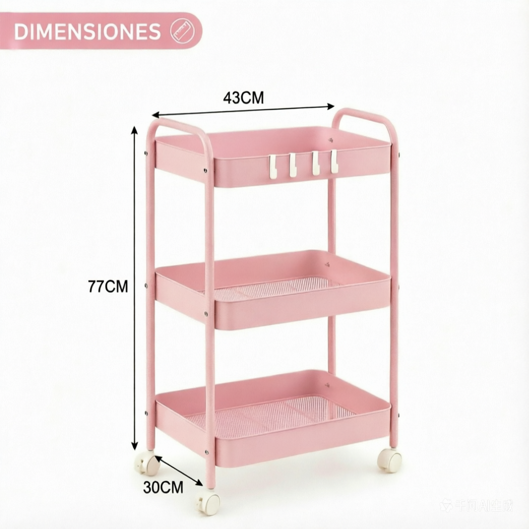 Carrito Organizador Almacenamiento 3 Niveles Ruedas Bloqueables Multiuso Rosa-6