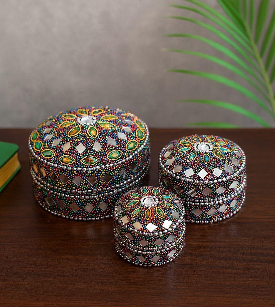 Set de Cajas Decorativas Artesanales con Mostacillas y Espejos – 3 Piezas-1