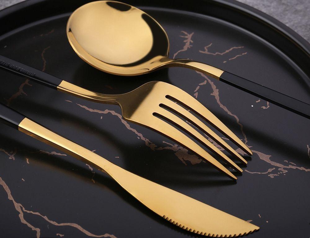 Set Cubiertos 16 Piezas Dorado y Negro Acero inoxidable-2