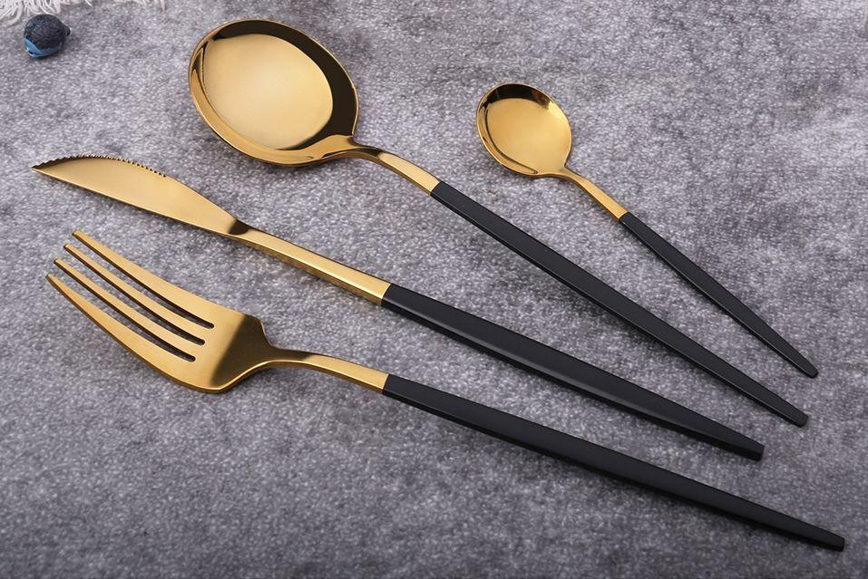 Set Cubiertos 16 Piezas Dorado y Negro Acero inoxidable-3