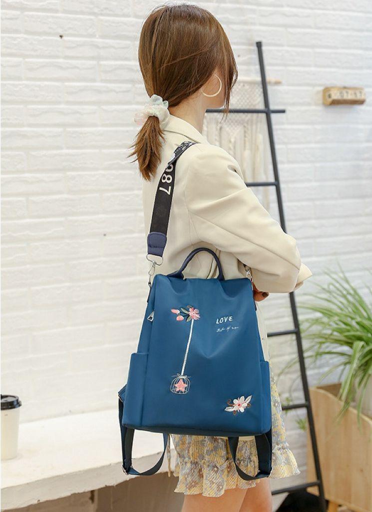 Mochila Antirrobo Cartera Impermeable Mujer Beige Bordado-3