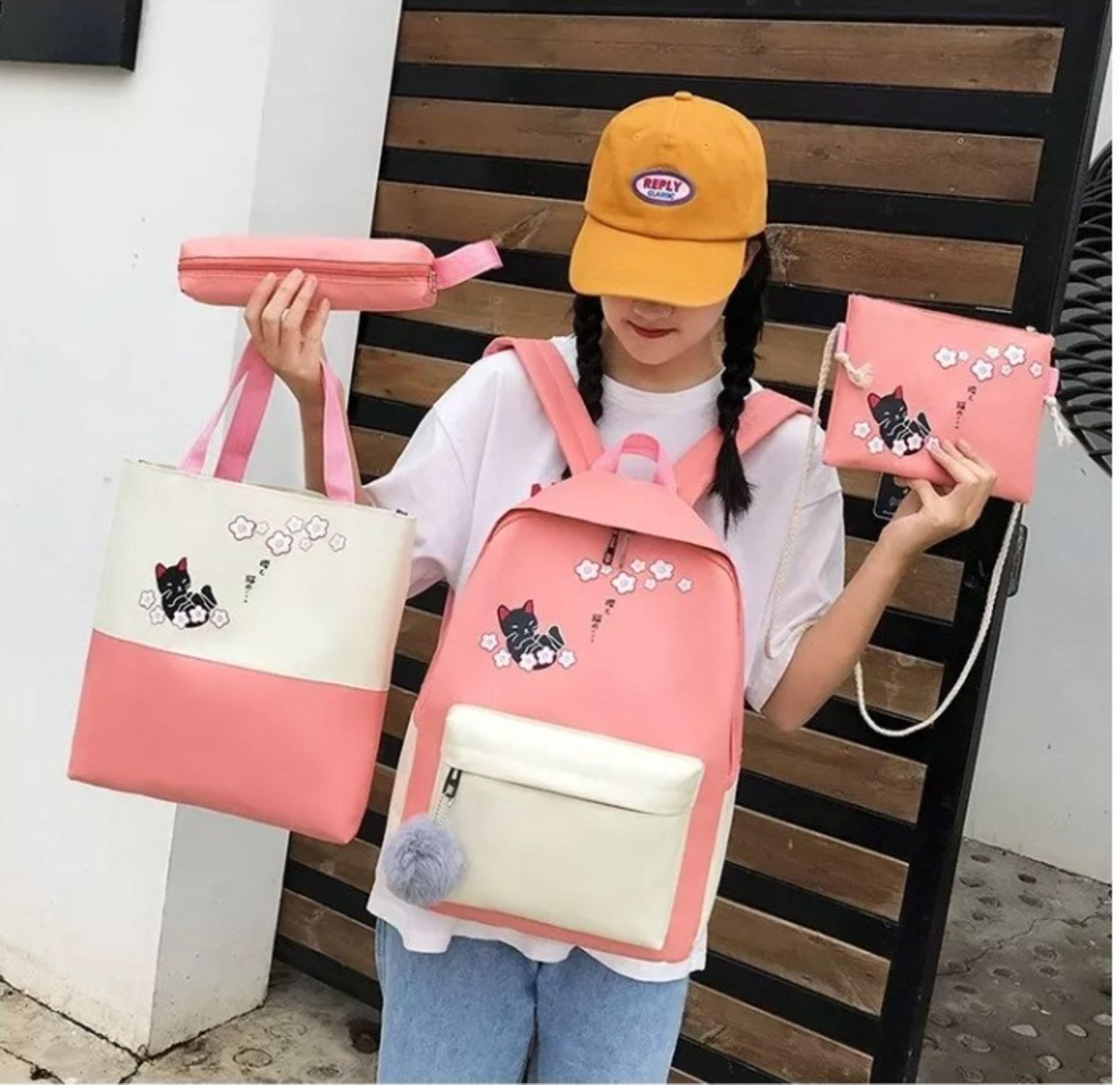 Mochila Escolar Colegial 4 Piezas Rosa con Crema Gato-1