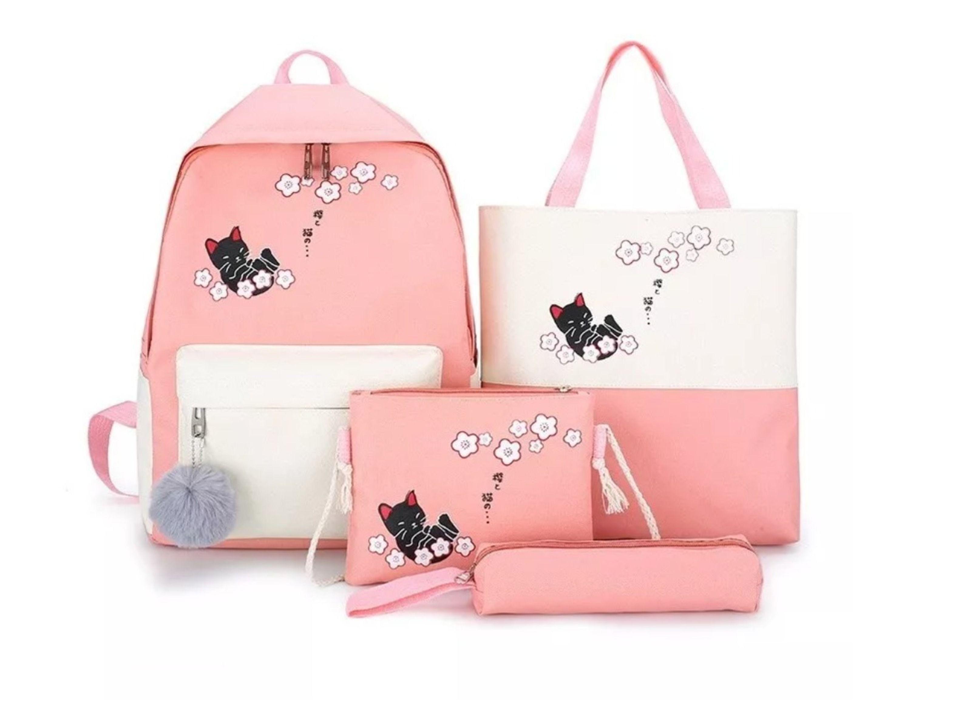 Mochila Escolar Colegial 4 Piezas Rosa con Crema Gato-0