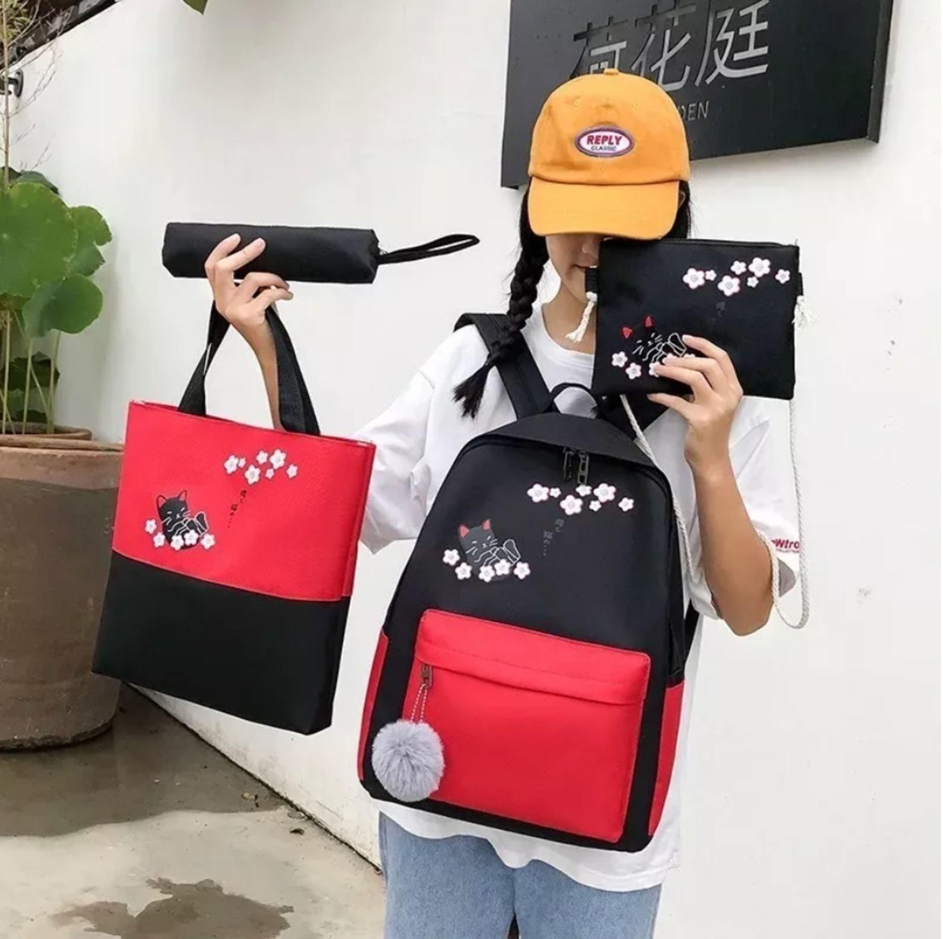 Mochila Escolar Colegial 4 Piezas Rojo con Negro Gato-1