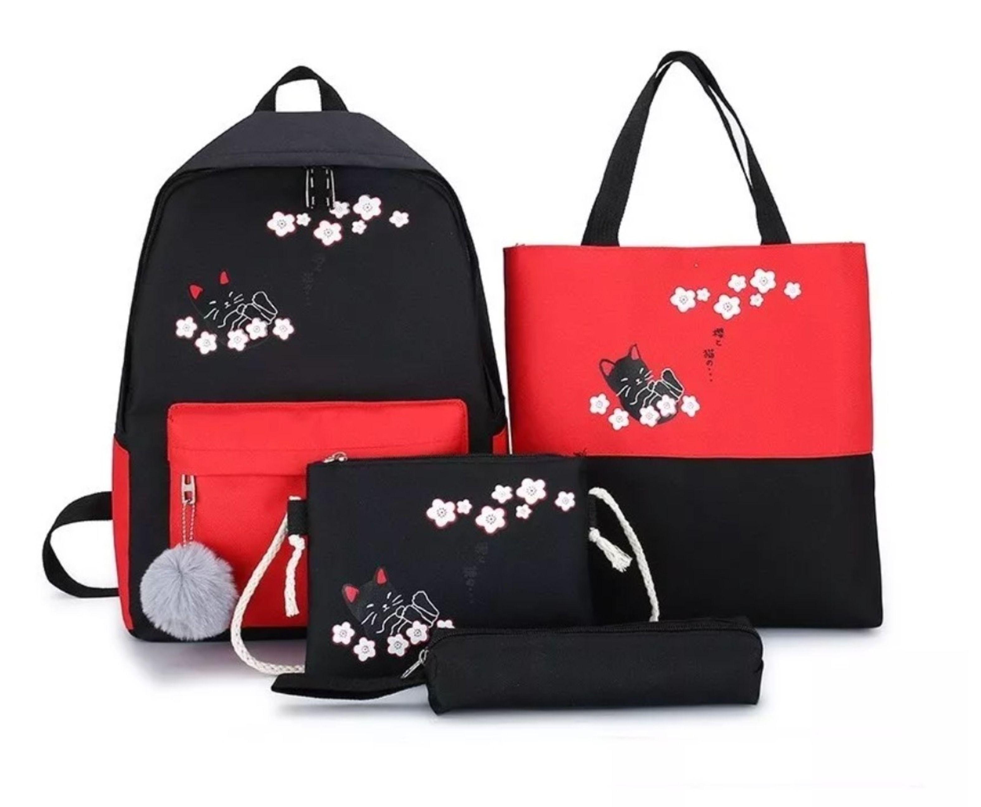 Mochila Escolar Colegial 4 Piezas Rojo con Negro Gato-0