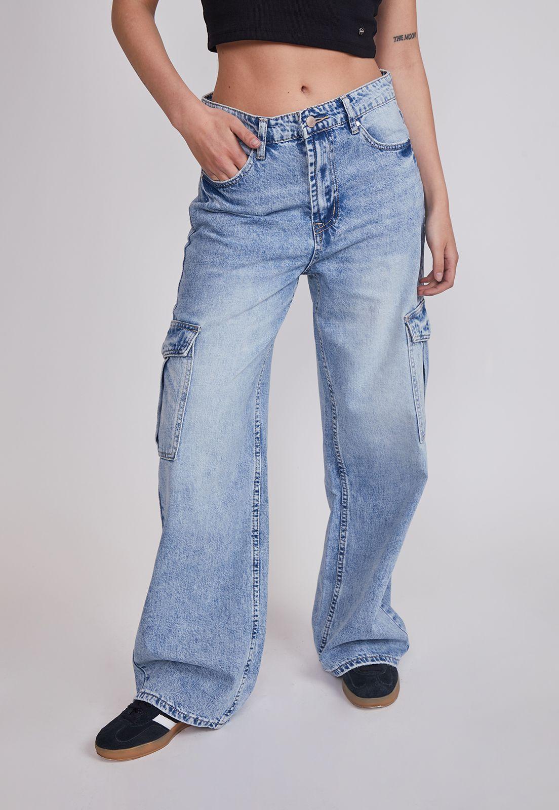 Jeans Mujer Wide Leg Cargo Celeste Sioux-0