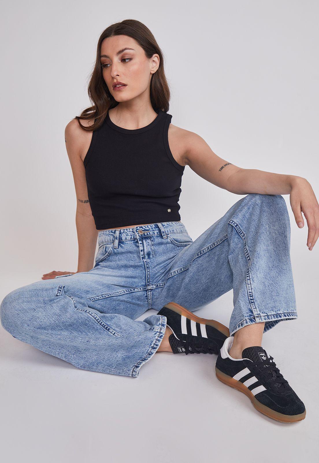 Jeans Mujer Wide Leg Cargo Celeste Sioux-1