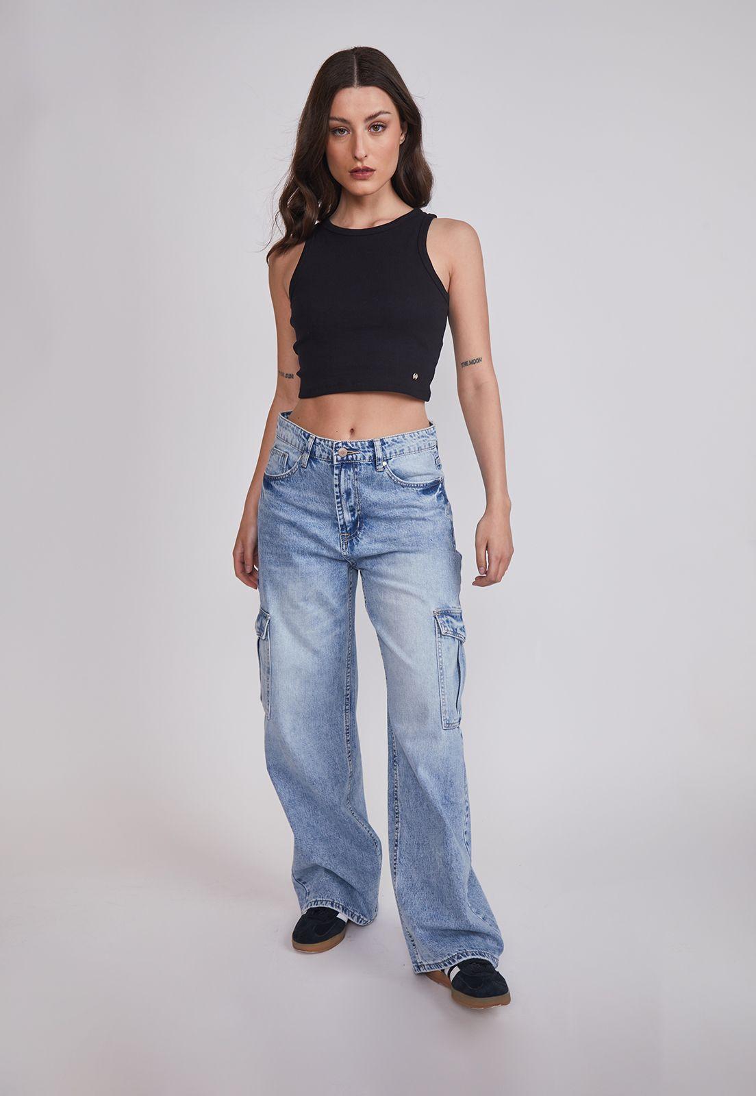 Jeans Mujer Wide Leg Cargo Celeste Sioux-4