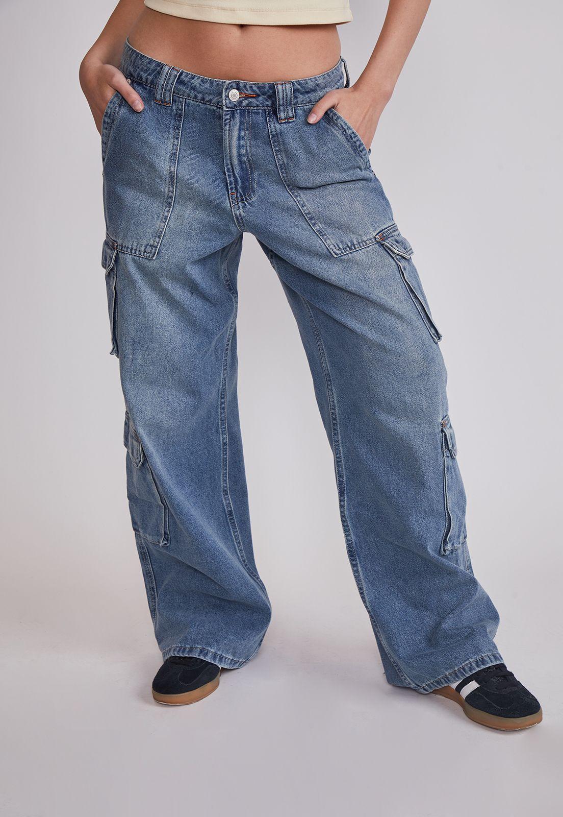 Jeans Mujer Cargo Tiro Medio Celeste Sioux-0