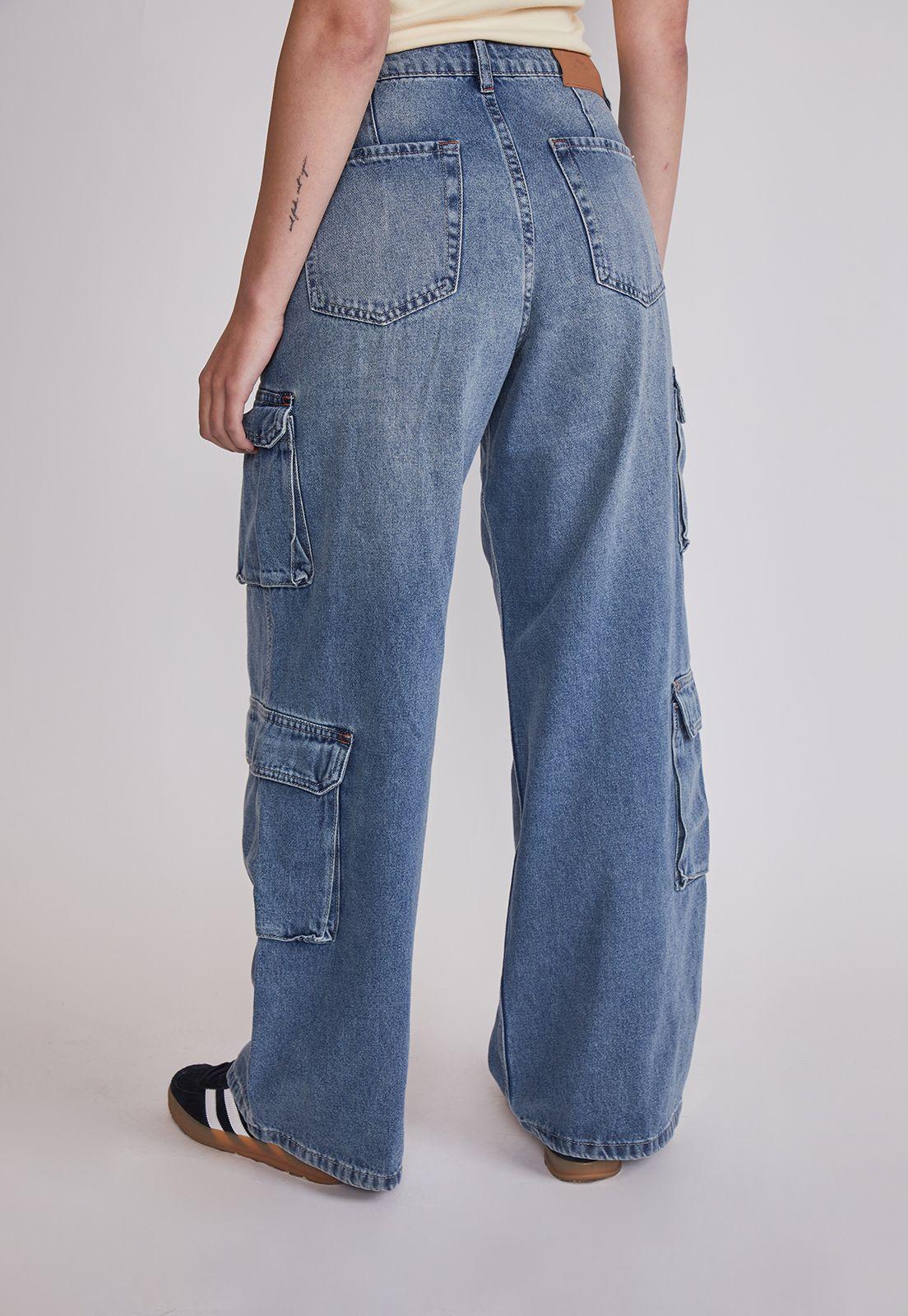 Jeans Mujer Cargo Tiro Medio Celeste Sioux-3